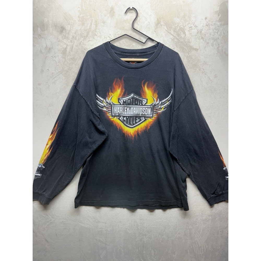 Harley-Davidson Shirt Mens 2XL Long Sleeve Black Flame Graphic Ramstein Germany
